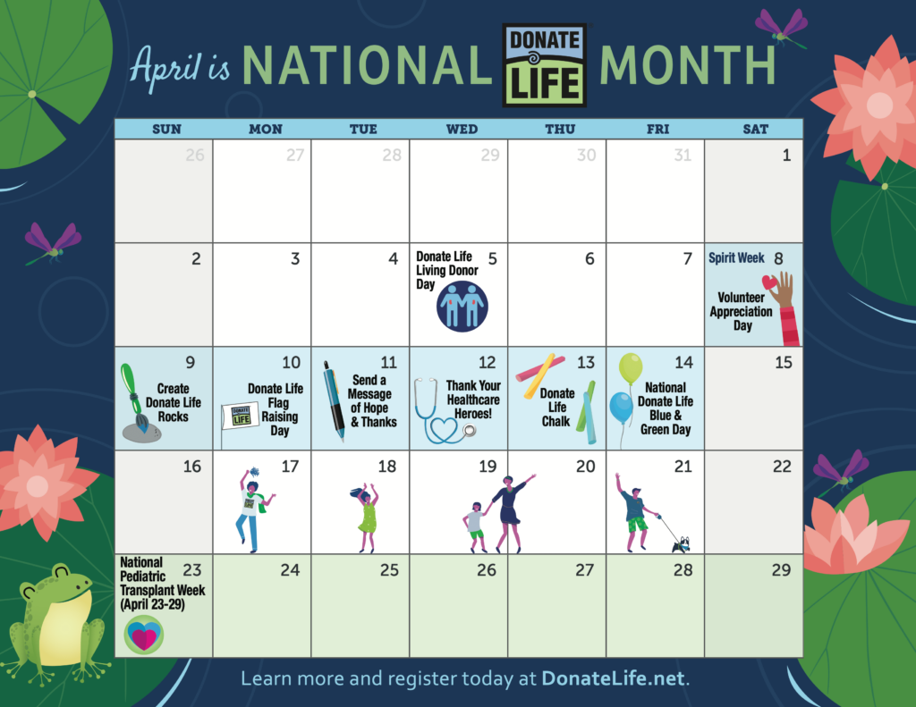 National Donate Life Month 2023 content calendar (click/tap to download PDF)