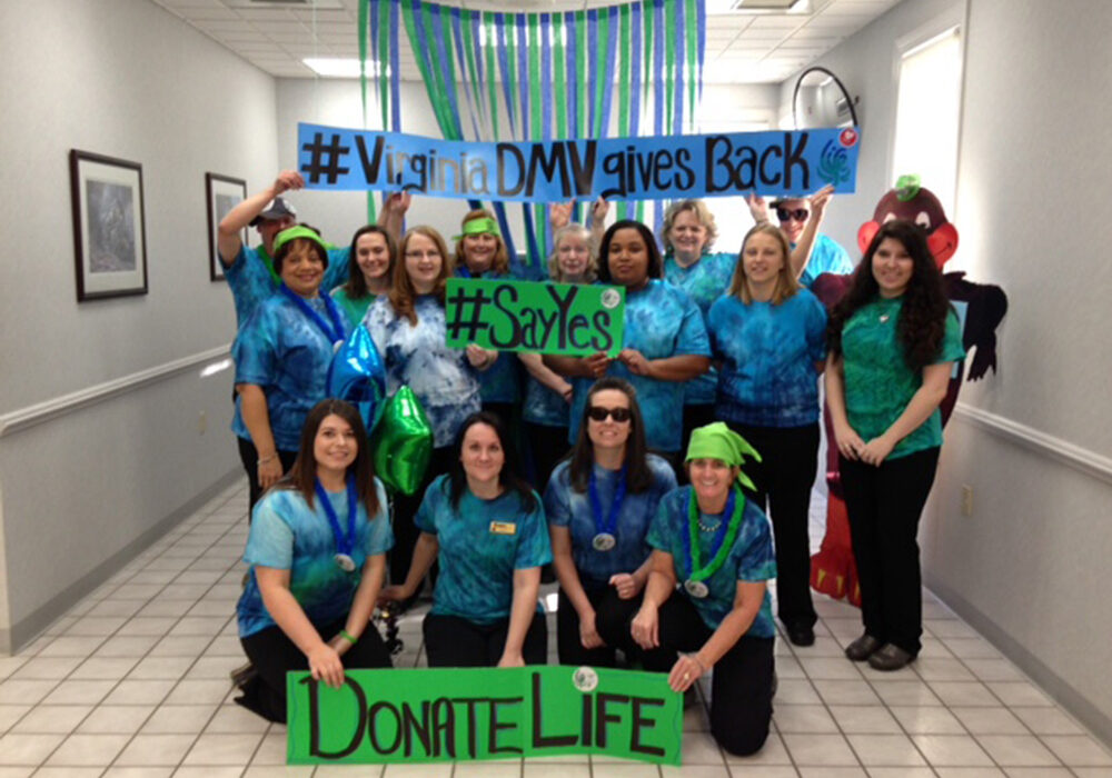 The Virginia DMV office with DOnate Life Banners: #VirginiaDMVgivesback #SayYes